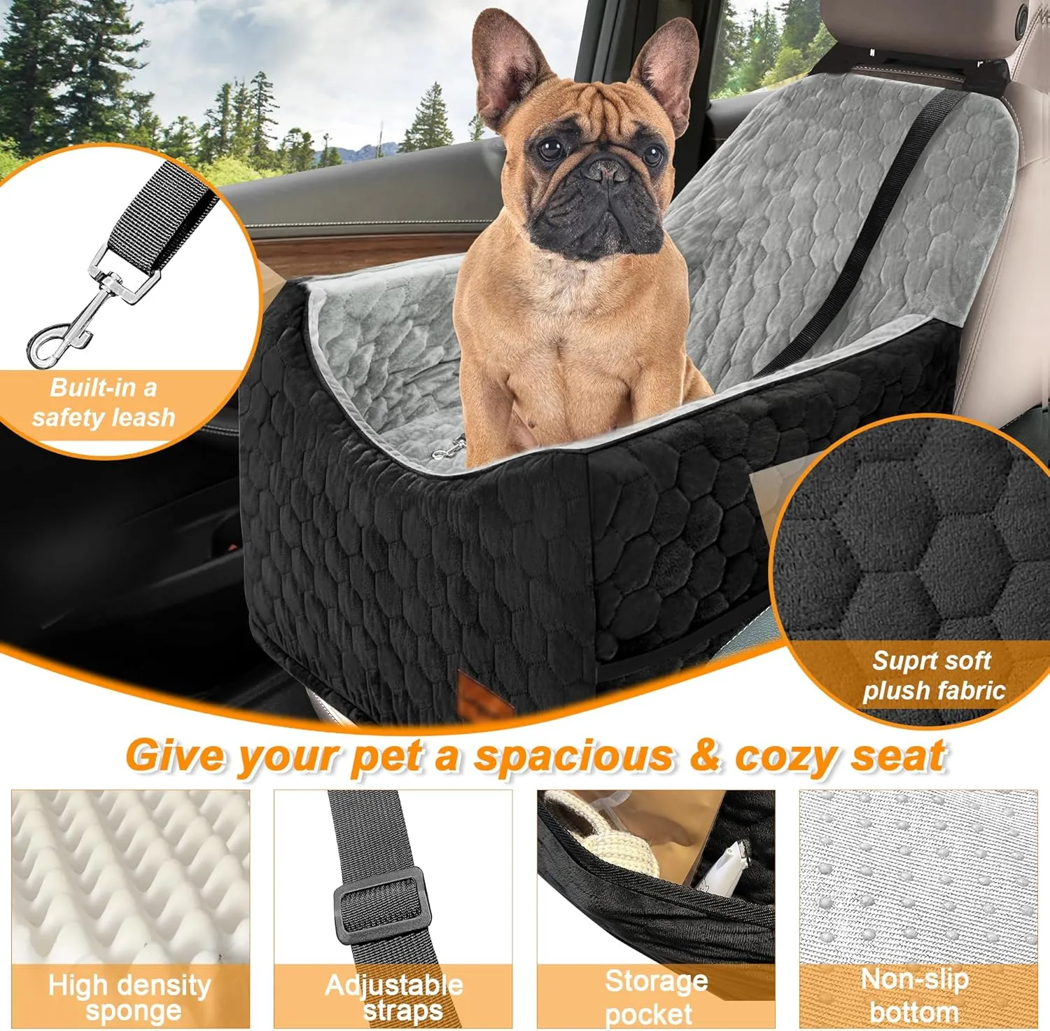 Dog Car Seat for Small/Medium Dogs, Memory Foam Dog Booster Seat, Travel Safety Per Car Seat with Washable Removable Cover, Storage Pockets, up to 35 lbs(BlackGray)
