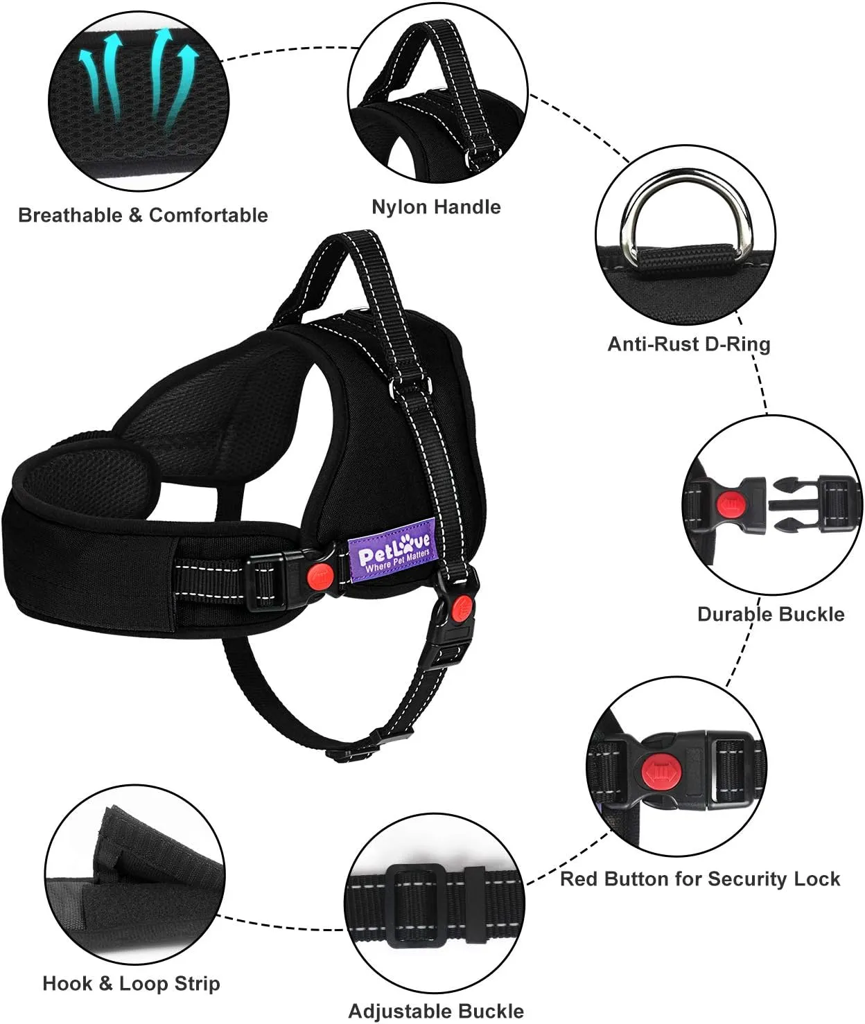 Dog Harness, Adjustable Soft Leash Padded No Pull Dog Harness for Small Medium Large Dogs, Black