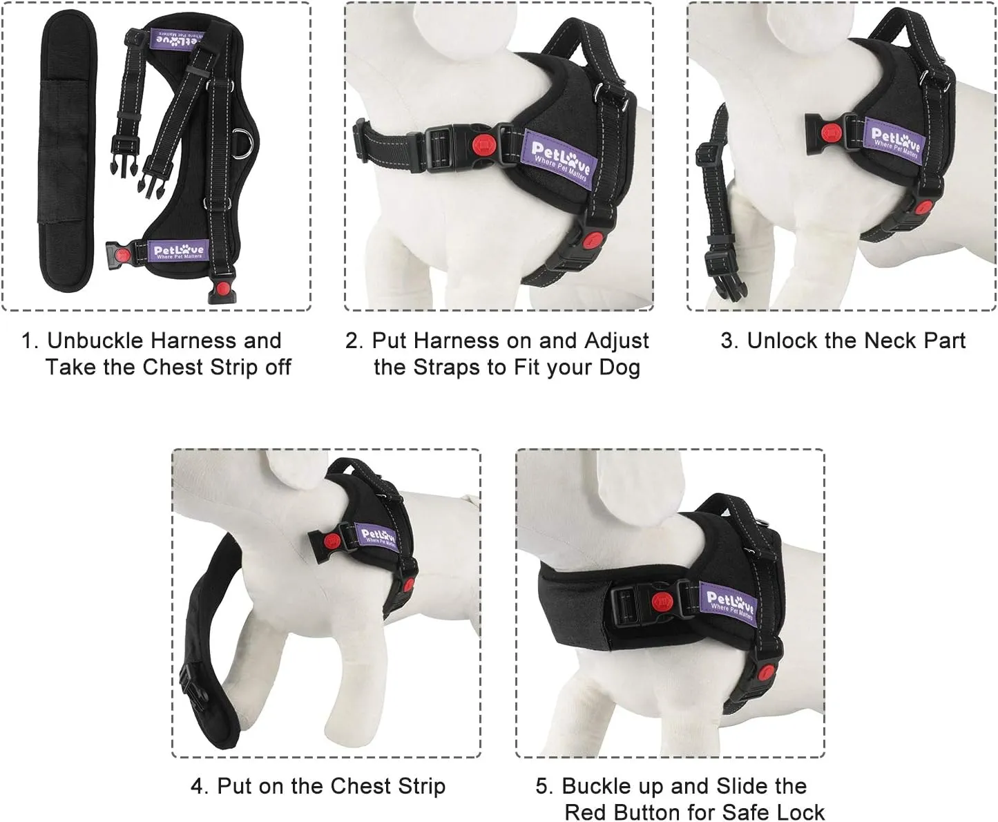 Dog Harness, Adjustable Soft Leash Padded No Pull Dog Harness for Small Medium Large Dogs, Black