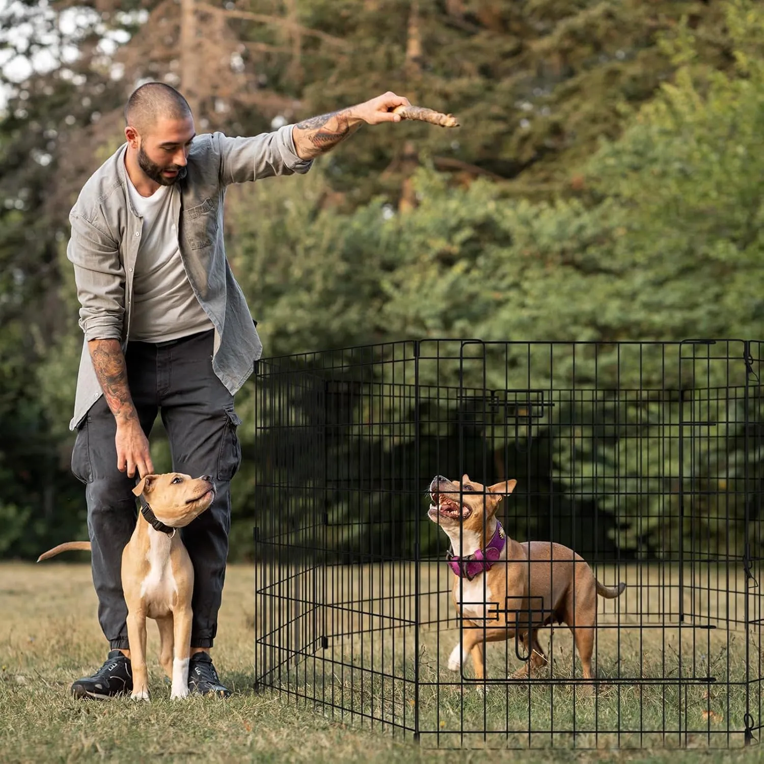 Dog Pen Pet Playpen Dog Fence Indoor Foldable Metal Wire Exercise Puppy Play Yard Pet Enclosure Indoor Outdoor 8 Panels 30 Inch with Bottom Pad/Top Cover