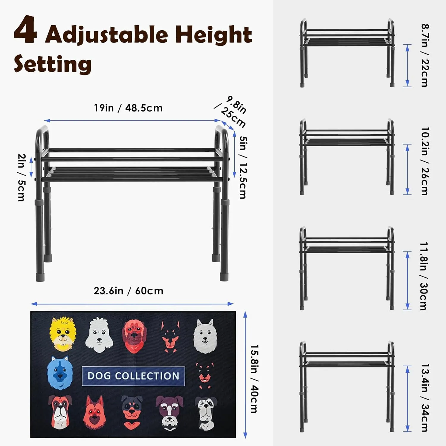 Elevated Dog Bowls for Large Dogs  4 Height Adjustable Raised Stand with 21600ML Stainless Steel Bowls & Non-Slip Mat, Heavy-Duty Metal Frame Dog Feeder for Indoor & Outdoor Use