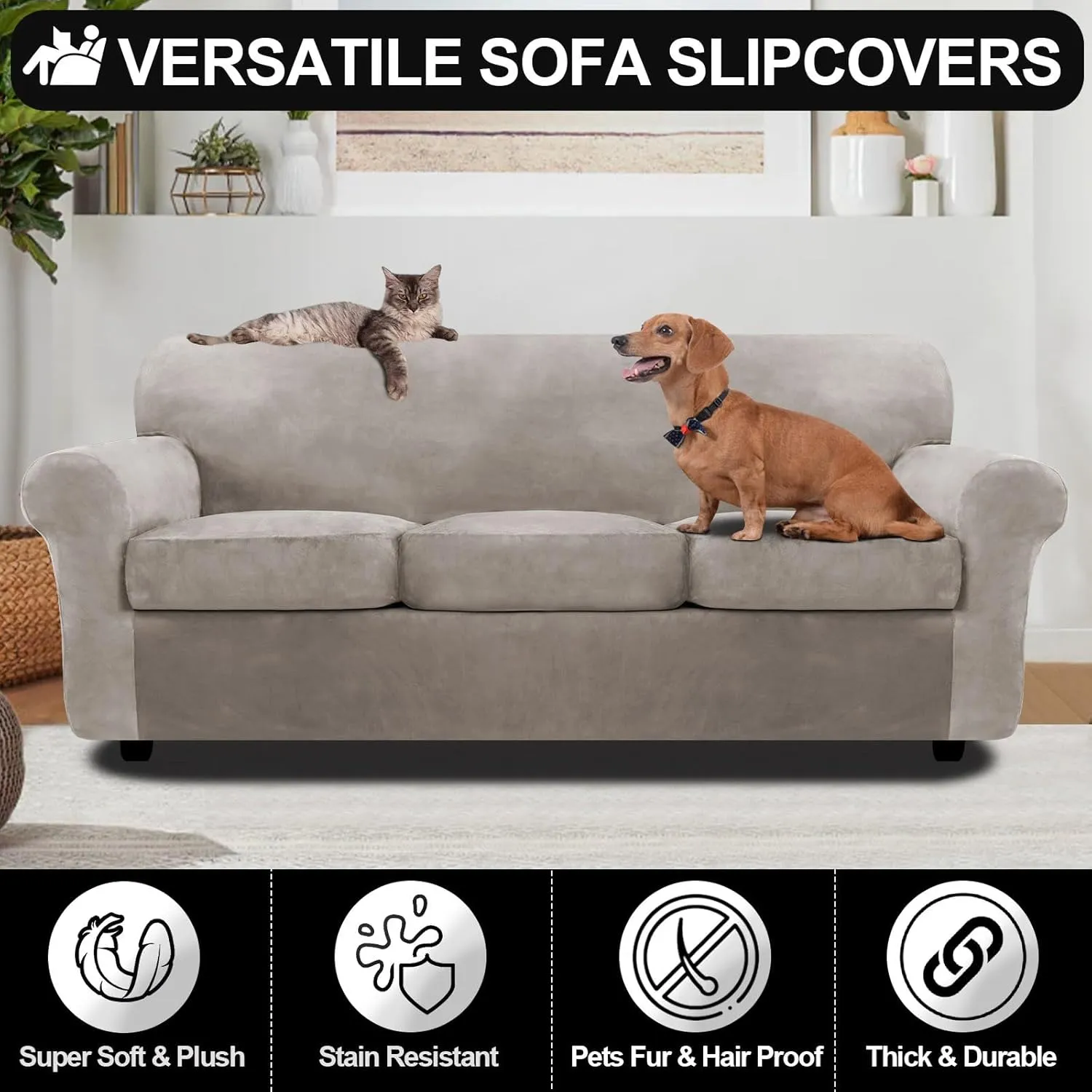 FestiCorp Velvet Sofa Covers for 3 Seat Cushion Couch Sofa Slipcovers, Stretch 4 Piece Couch Cover, Thick Furniture Covers for Dogs Pets, Oversized Sofa, Taupe