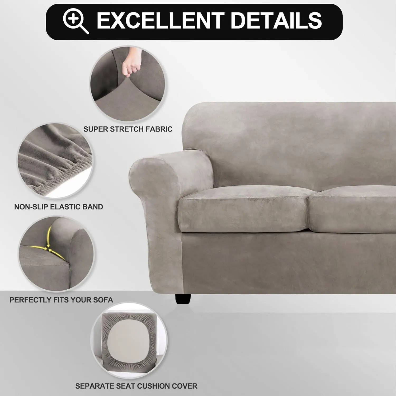 FestiCorp Velvet Sofa Covers for 3 Seat Cushion Couch Sofa Slipcovers, Stretch 4 Piece Couch Cover, Thick Furniture Covers for Dogs Pets, Oversized Sofa, Taupe