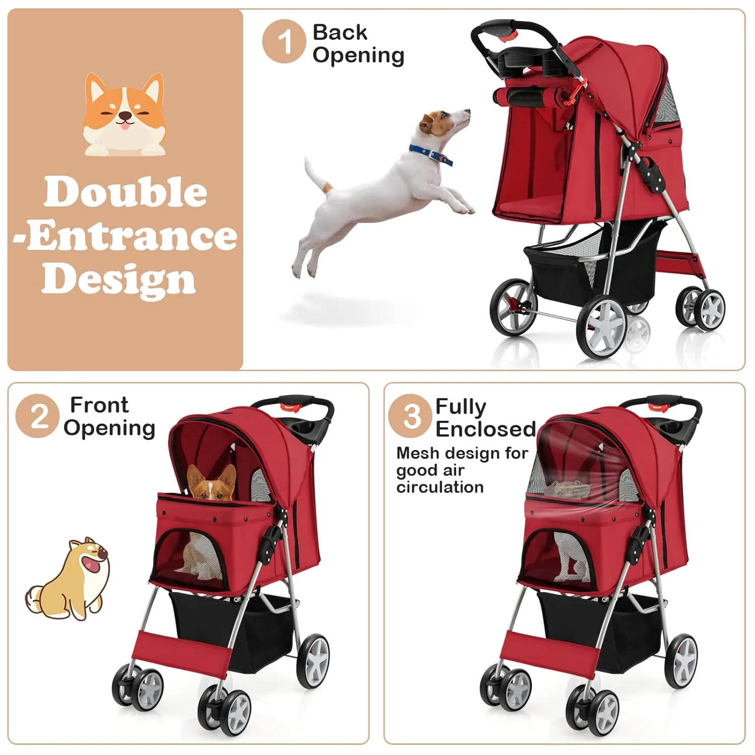 Giantex Folding Dog Stroller for Small Medium Dogs Cats Puppy, 4 Lockable Wheels Cat Stroller Pet Travel Carrier Strolling Cart, Safety Belt, Removable Liner and Storage Basket (Red)