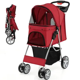 Giantex Folding Dog Stroller for Small Medium Dogs Cats Puppy, 4 Lockable Wheels Cat Stroller Pet Travel Carrier Strolling Cart, Safety Belt, Removable Liner and Storage Basket (Red)