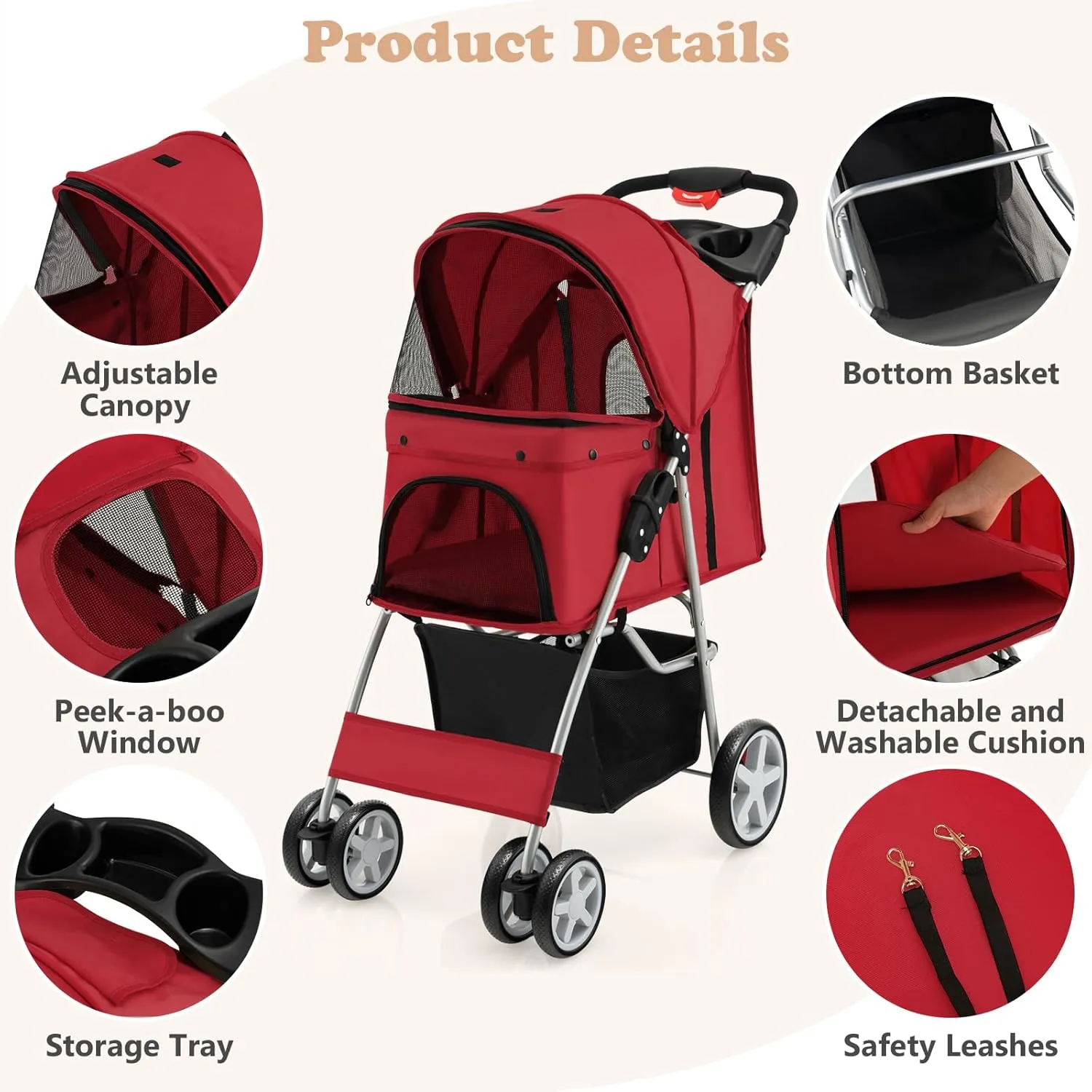 Giantex Folding Dog Stroller for Small Medium Dogs Cats Puppy, 4 Lockable Wheels Cat Stroller Pet Travel Carrier Strolling Cart, Safety Belt, Removable Liner and Storage Basket (Red)