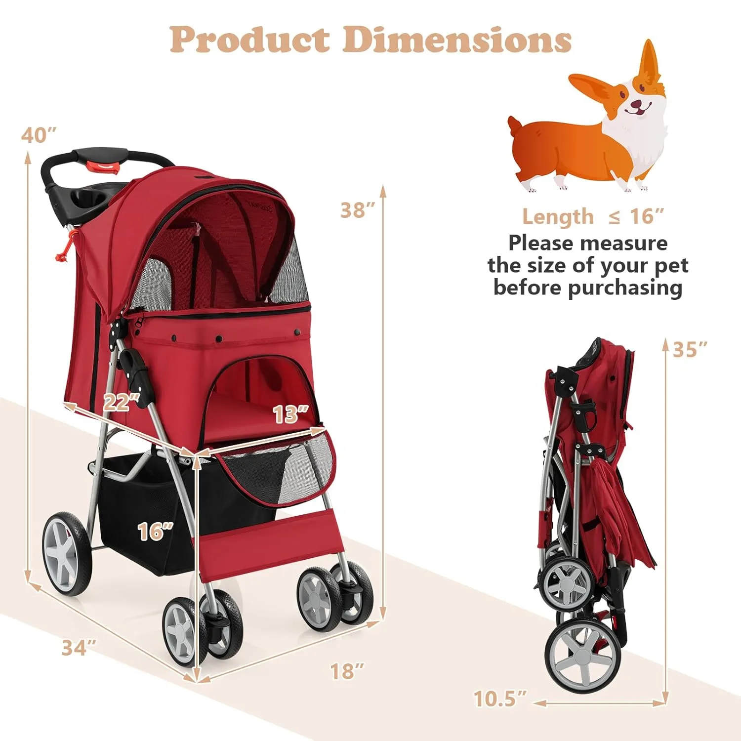 Giantex Folding Dog Stroller for Small Medium Dogs Cats Puppy, 4 Lockable Wheels Cat Stroller Pet Travel Carrier Strolling Cart, Safety Belt, Removable Liner and Storage Basket (Red)