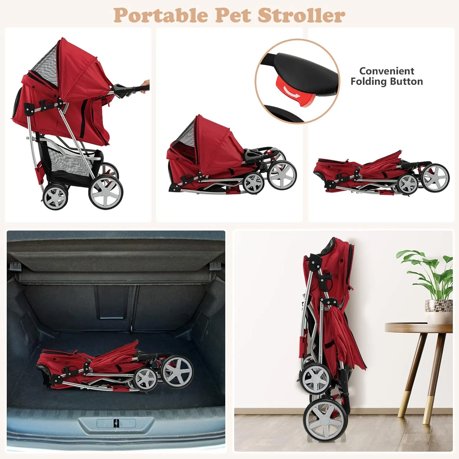 Giantex Folding Dog Stroller for Small Medium Dogs Cats Puppy, 4 Lockable Wheels Cat Stroller Pet Travel Carrier Strolling Cart, Safety Belt, Removable Liner and Storage Basket (Red)