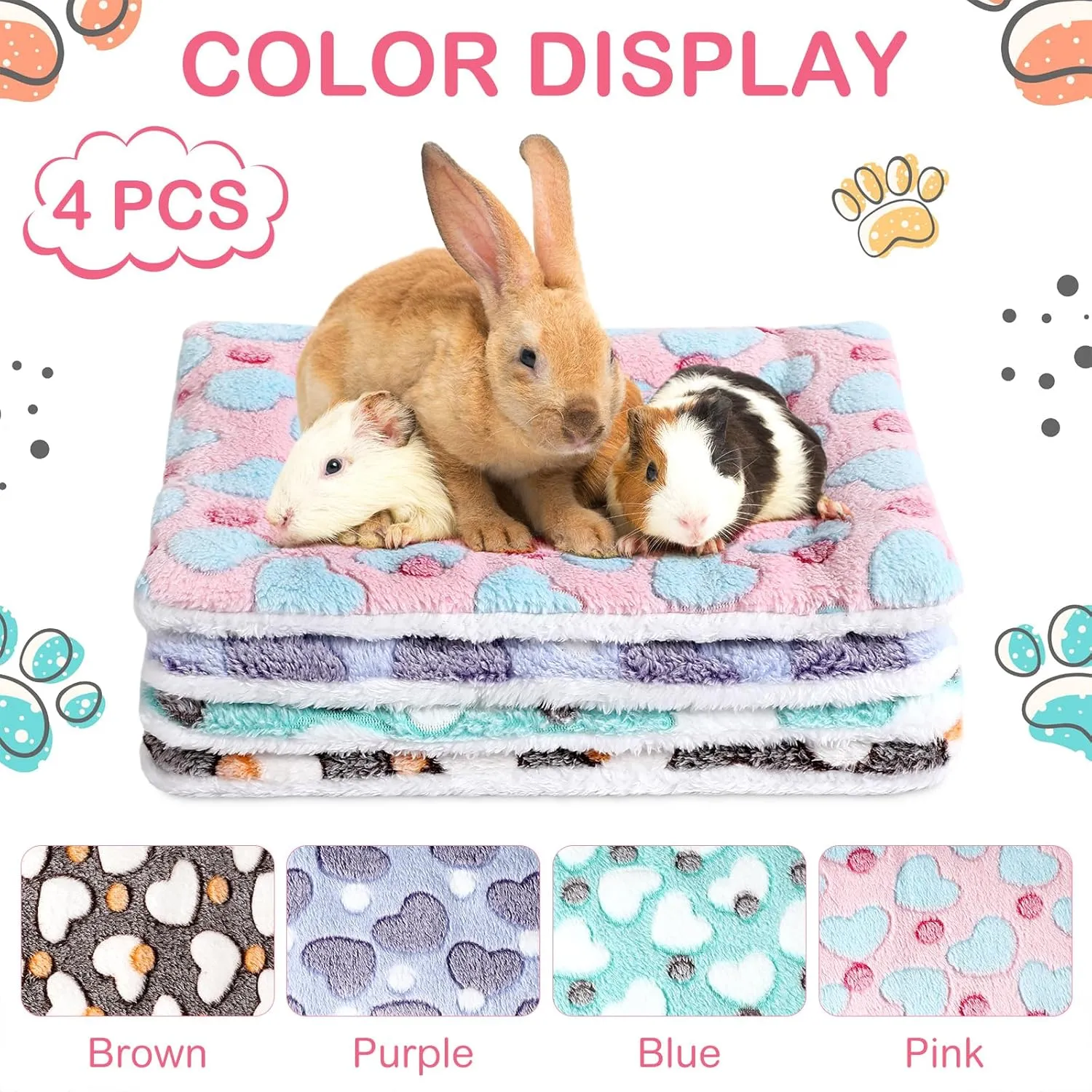 Haull 4 Pcs Waterproof Guinea Pig Bedding Winter Guinea Pig Plush Cage Liners Soft Dog Cat Bed Mat Reversible Cozy Animal Pee Pad Hamster Bed Mat Washable for Bunny (Heart,13 x 10 Inch)