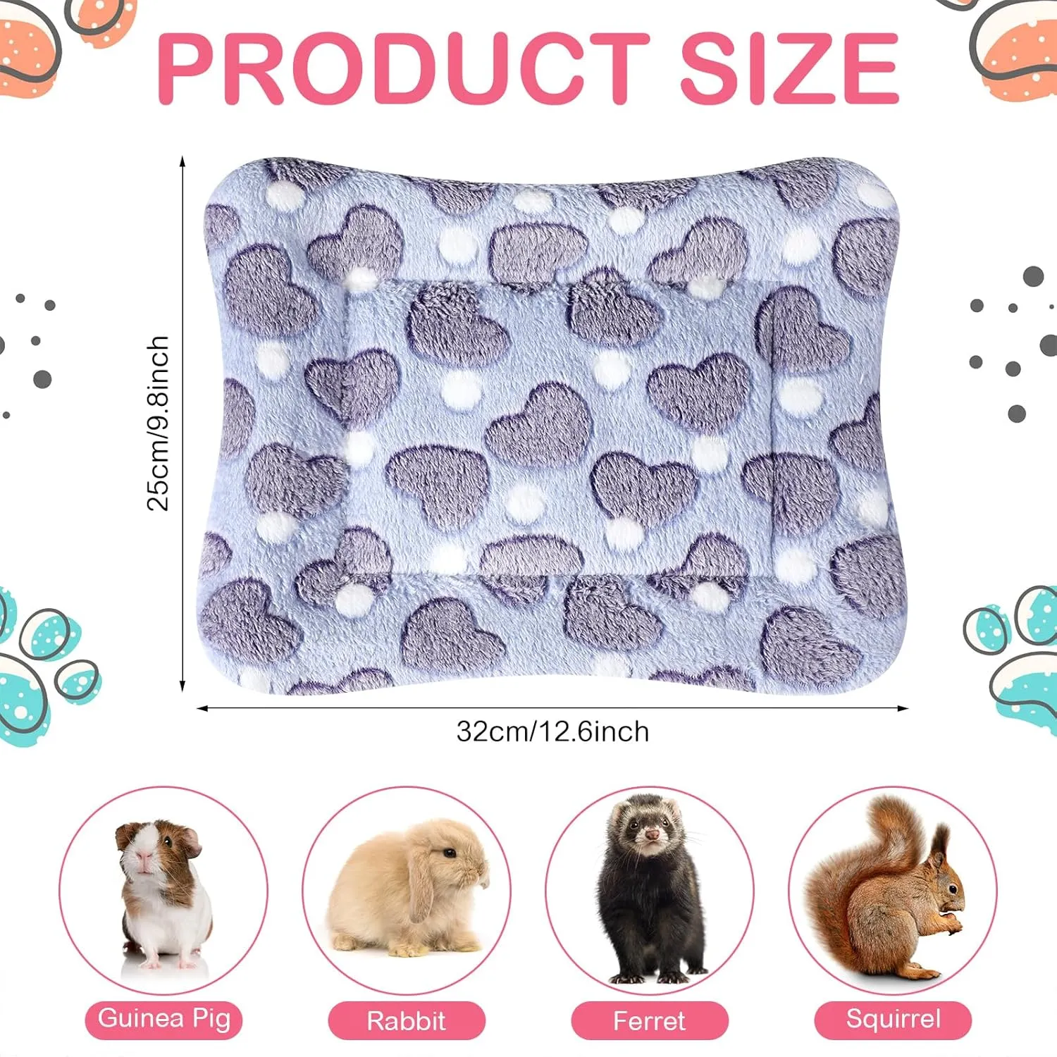 Haull 4 Pcs Waterproof Guinea Pig Bedding Winter Guinea Pig Plush Cage Liners Soft Dog Cat Bed Mat Reversible Cozy Animal Pee Pad Hamster Bed Mat Washable for Bunny (Heart,13 x 10 Inch)