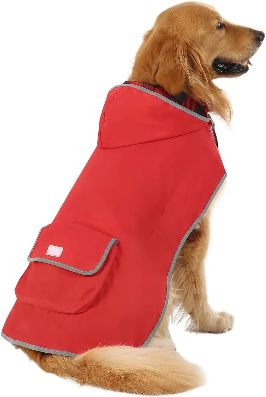 HDE Reversible Dog Raincoat Hooded Slicker Poncho Rain Coat Jacket for Small Medium Large Dogs Buffalo Plaid Red - XXL