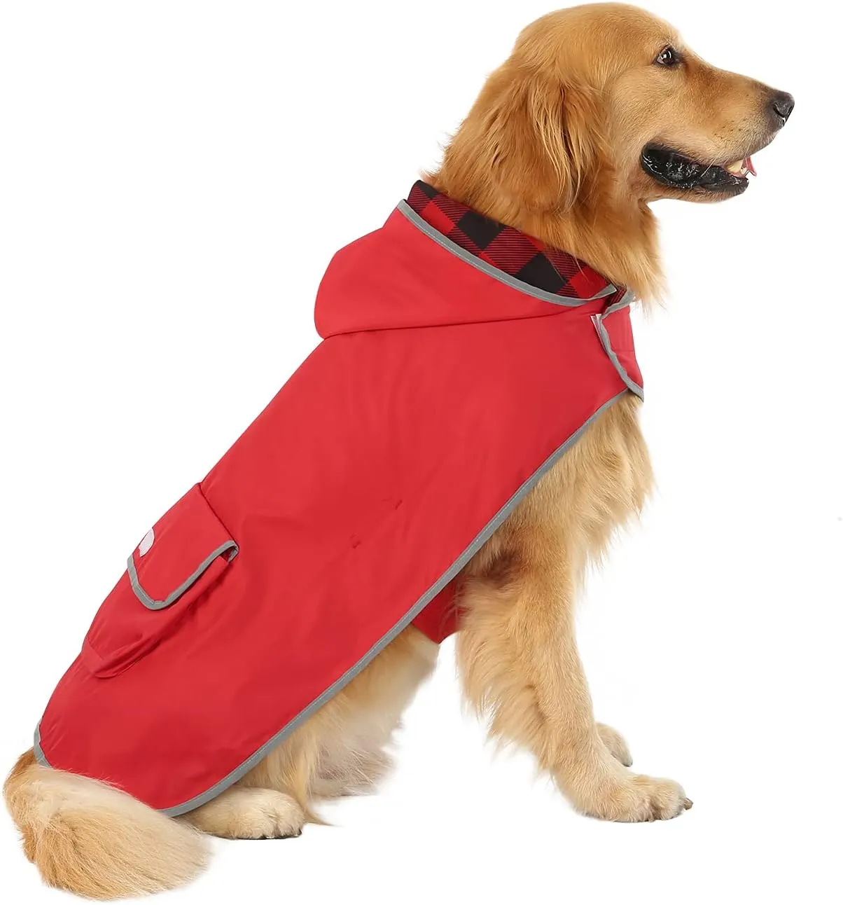 HDE Reversible Dog Raincoat Hooded Slicker Poncho Rain Coat Jacket for Small Medium Large Dogs Buffalo Plaid Red - XXL