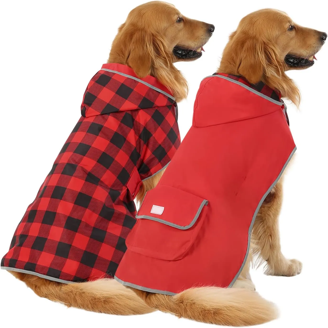 HDE Reversible Dog Raincoat Hooded Slicker Poncho Rain Coat Jacket for Small Medium Large Dogs Buffalo Plaid Red - XXL