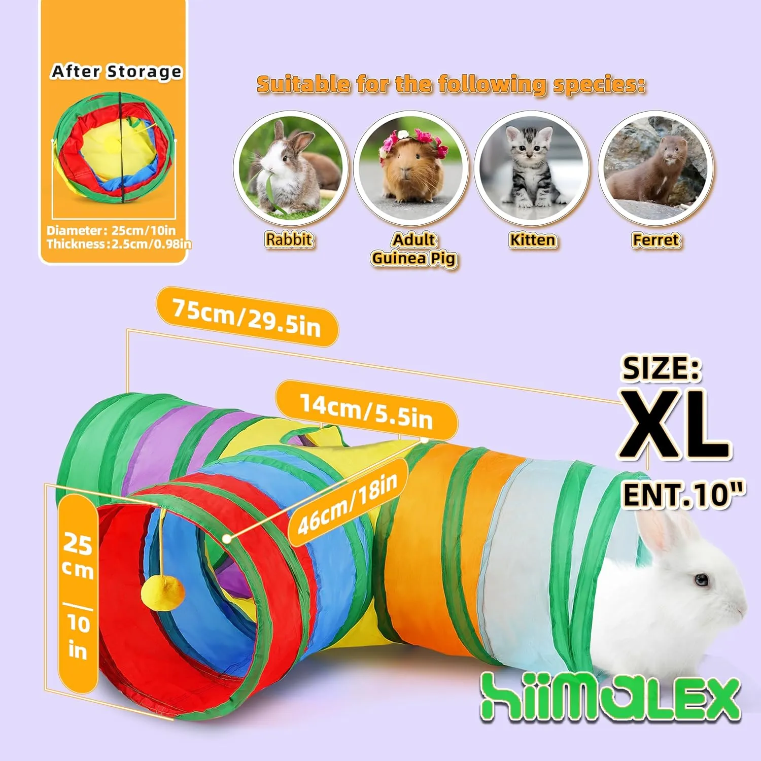 HIIMALEX Extra Large Cat & Bunny Tunnel Collapsible 3-Way Hideout with Reinforced Frame, Peephole & Hanging Ball Durable Portable Toy for Rabbit Cat Adult Guinea Pig Ferret Hamster Chinchilla Gerbil