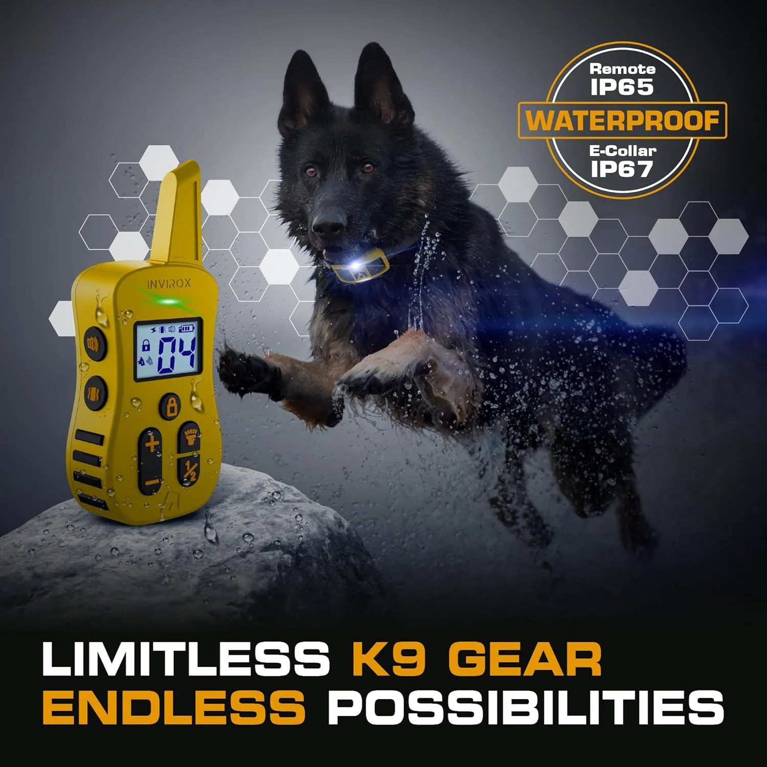 INVIROX Dog Shock Collar with Remote Contol [Ultra K9] 124 Training Levels, 4 Powerful Modes with Night-Light and  Mile Range 100% Safe Dog Training Collar for Large Dogs IP67 Waterproof (Yellow)