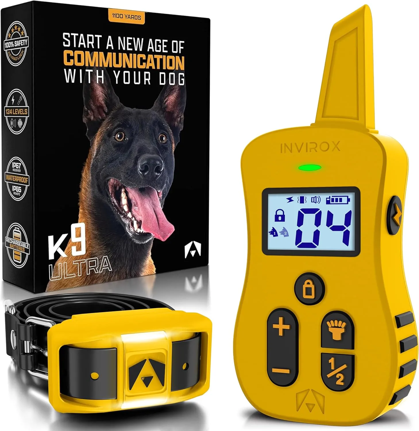 INVIROX Dog Shock Collar with Remote Contol [Ultra K9] 124 Training Levels, 4 Powerful Modes with Night-Light and  Mile Range 100% Safe Dog Training Collar for Large Dogs IP67 Waterproof (Yellow)