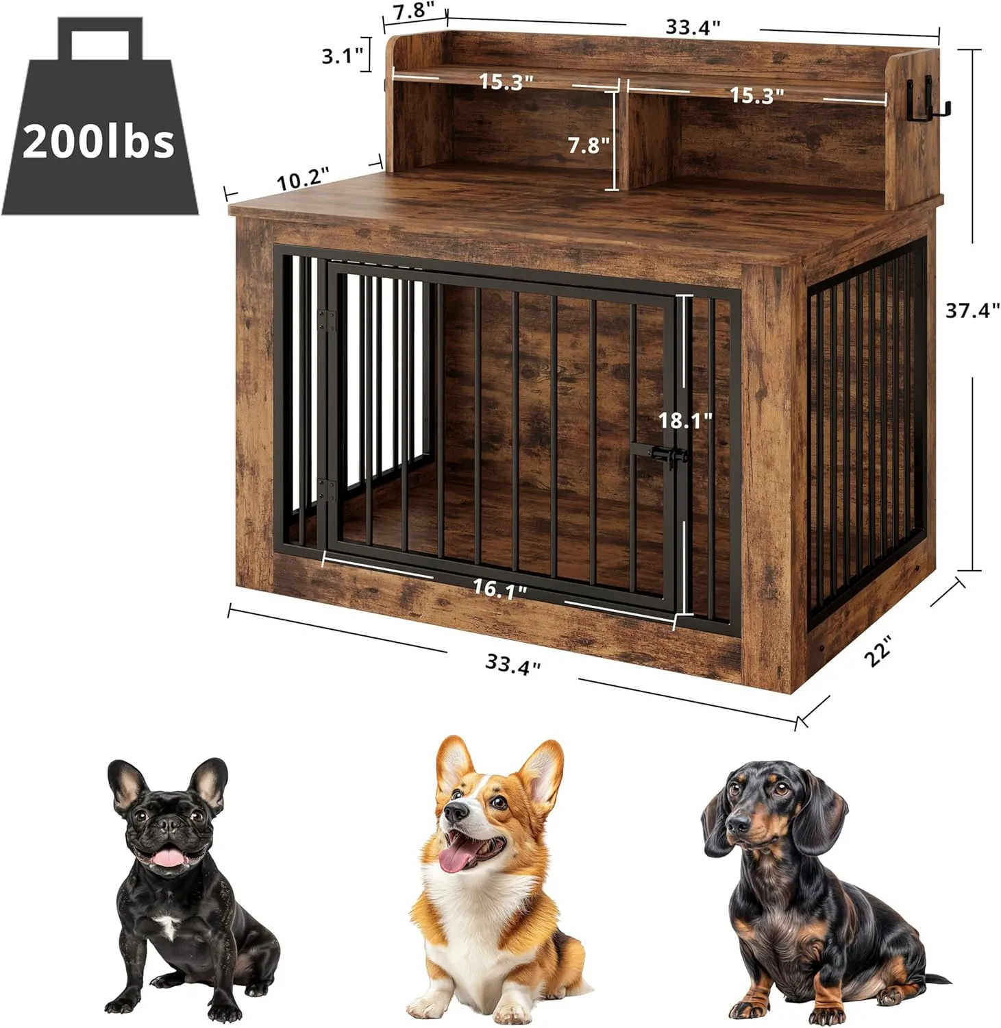 IRONCK Dog Crate Furniture, 33.4 inches Wooden Small Dog Crate with Storage and 4 Hooks, Heavy Duty Pet Crate for Small Dog, Decorative Pet Cage for Indoor (22" L x 33.4" W x 37.4" H)