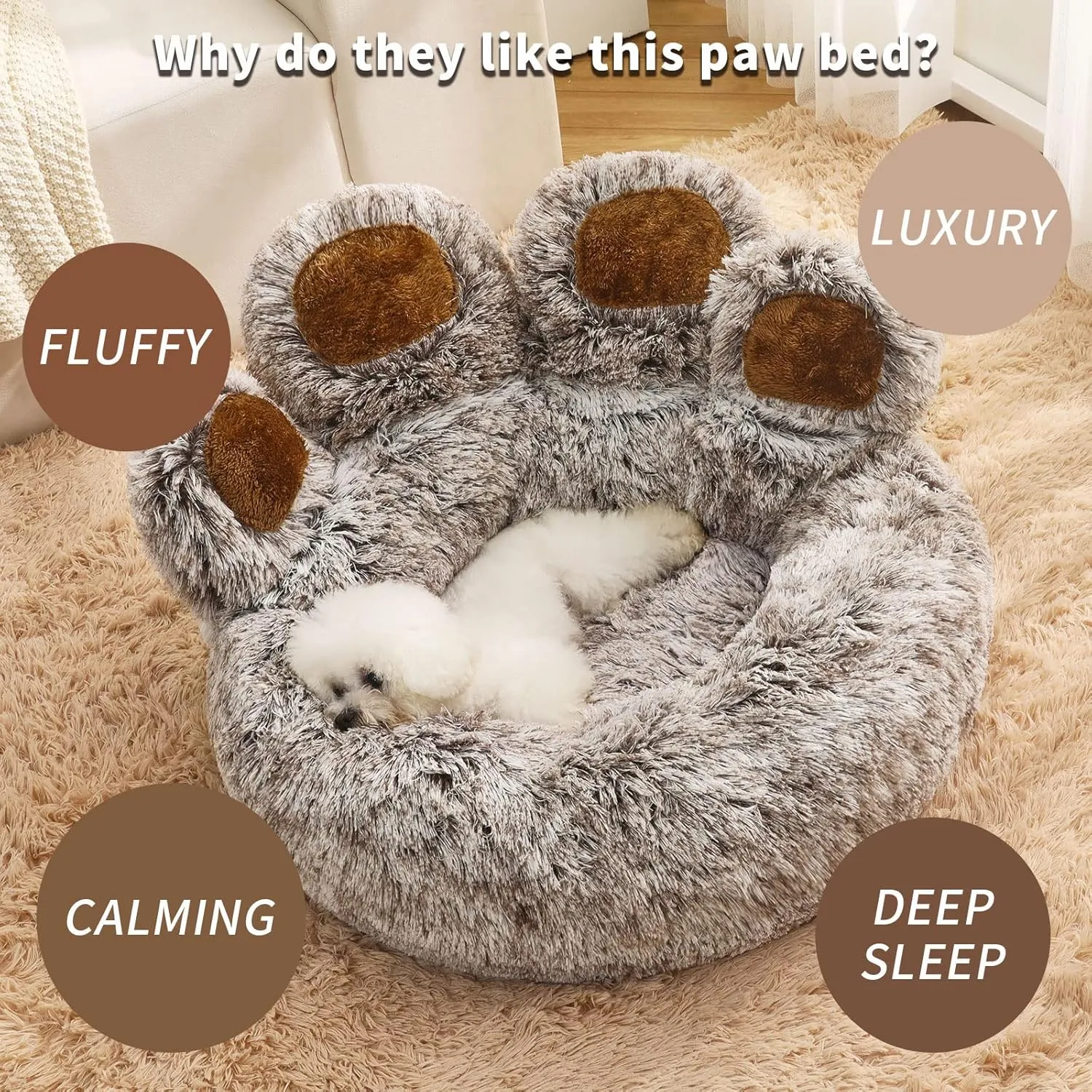 Jiupety Paw Shape Calming Pet Bed, Plush Faux Fur Donut Bed for Dogs & Cats, Machine Washable, Non-Slip Bottom, Large Size (26"26"8"), Gray
