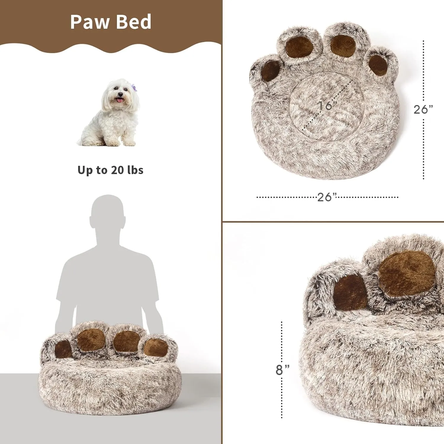 Jiupety Paw Shape Calming Pet Bed, Plush Faux Fur Donut Bed for Dogs & Cats, Machine Washable, Non-Slip Bottom, Large Size (26"26"8"), Gray