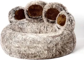 Jiupety Paw Shape Calming Pet Bed, Plush Faux Fur Donut Bed for Dogs & Cats, Machine Washable, Non-Slip Bottom, Large Size (26"26"8"), Gray