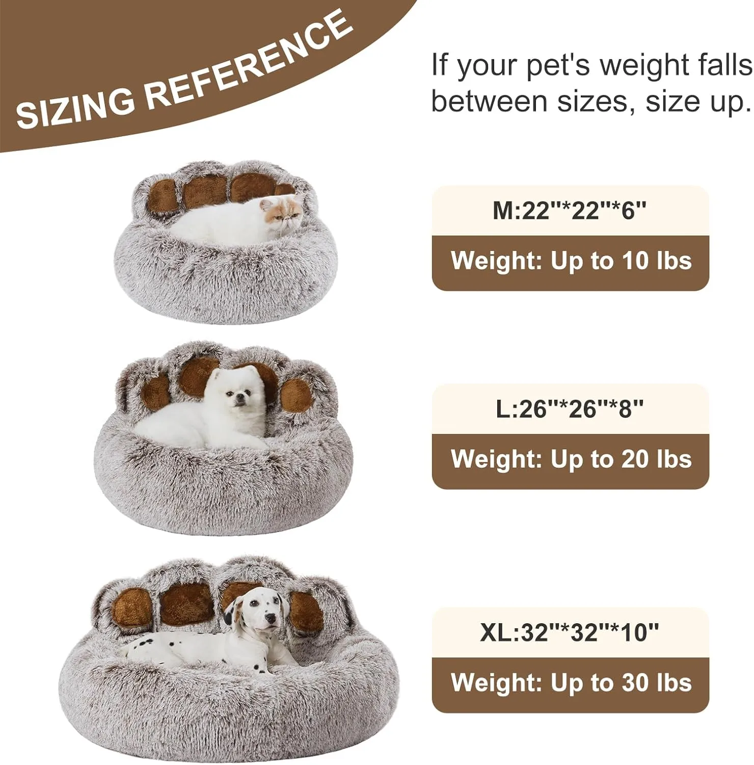 Jiupety Paw Shape Calming Pet Bed, Plush Faux Fur Donut Bed for Dogs & Cats, Machine Washable, Non-Slip Bottom, Large Size (26"26"8"), Gray