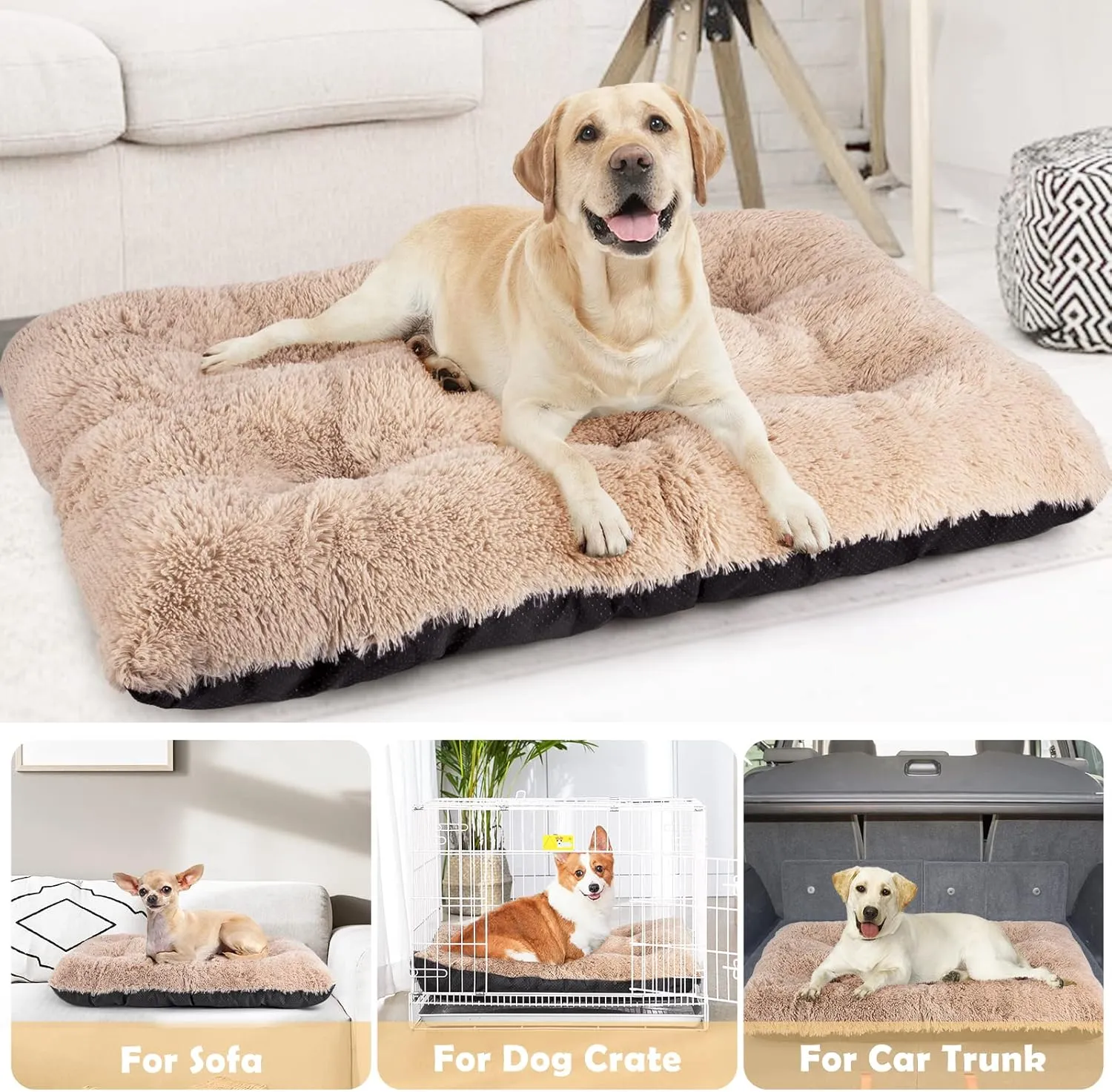 JOEJOY Ultra Soft Calming Dog Bed, Washable Anti-Slip Kennel Mat for Large Medium Small Dogs, 40" x 27", Beige