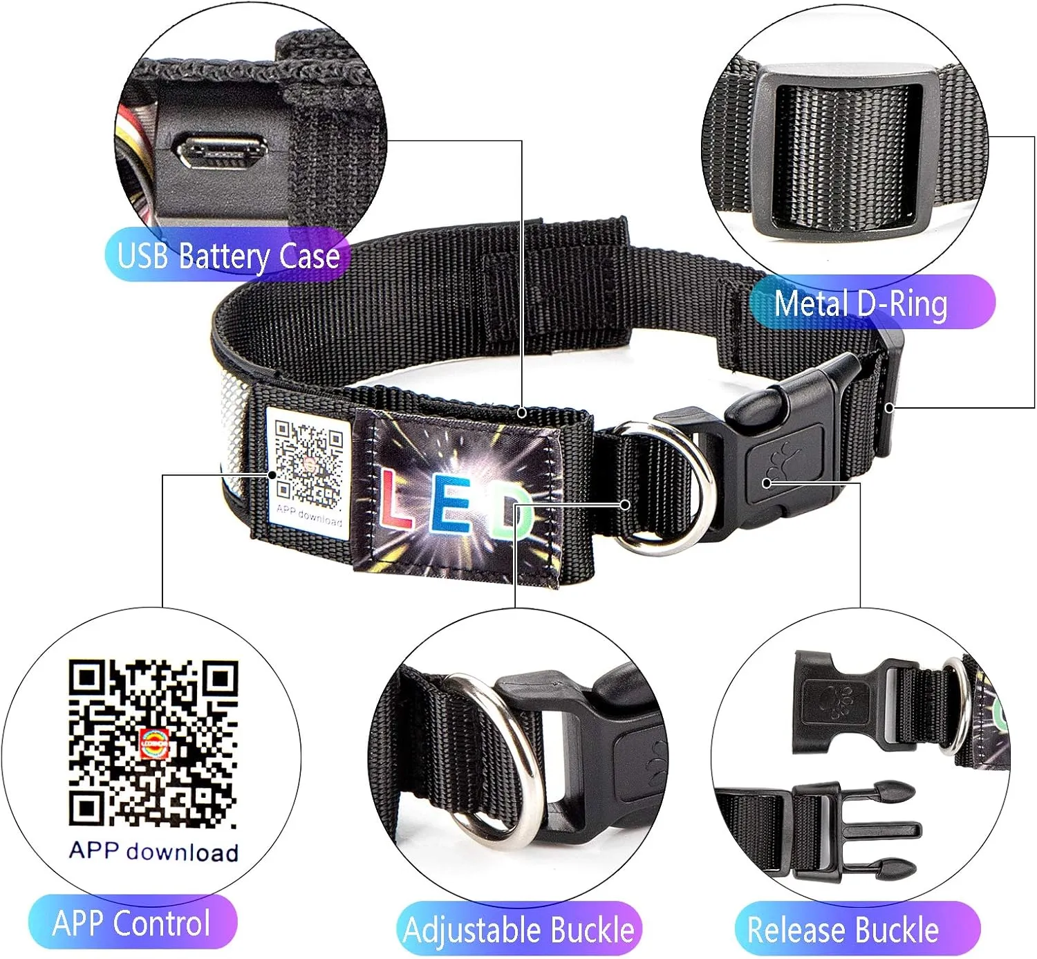 Leadleds Bluetooth LED Dog Collar, Flashing Light Up Rechargeable Pet Dog Safety Collar Glow in The Dark Light-up Neck Loop - Green LED