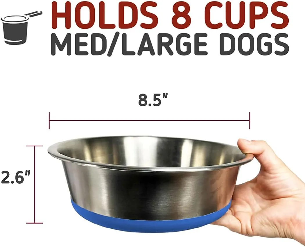 Leash Boss Stainless Steel Dog Bowl, Non-Slip Heavy Duty Pet Dish, 8 Cup Food & Water Bowl for Medium & Large Dogs, Rust Resistant, Dishwasher Safe, BPA Free Silicone Base (Blue, Single Bowl)