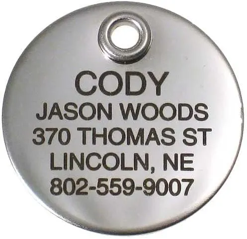 LuckyPet Pet ID Tag - Large Round Stainless Steel Tag - Durable, Easy to Read, Custom Engraved for Dogs & Cats. Reflective Sticker on Back.