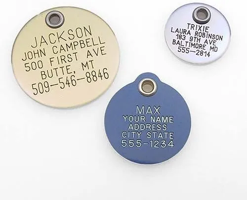 LuckyPet Pet ID Tag - Large Round Stainless Steel Tag - Durable, Easy to Read, Custom Engraved for Dogs & Cats. Reflective Sticker on Back.