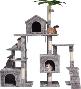 Multi-Level Cat Tree, Activity Centre Cat Tower Furniture with Sisal-Covered Scratching Posts, Dual Padded Plush Perches, Dual Condo & Basket, Removable Hammock, for Kittens (Grayish)