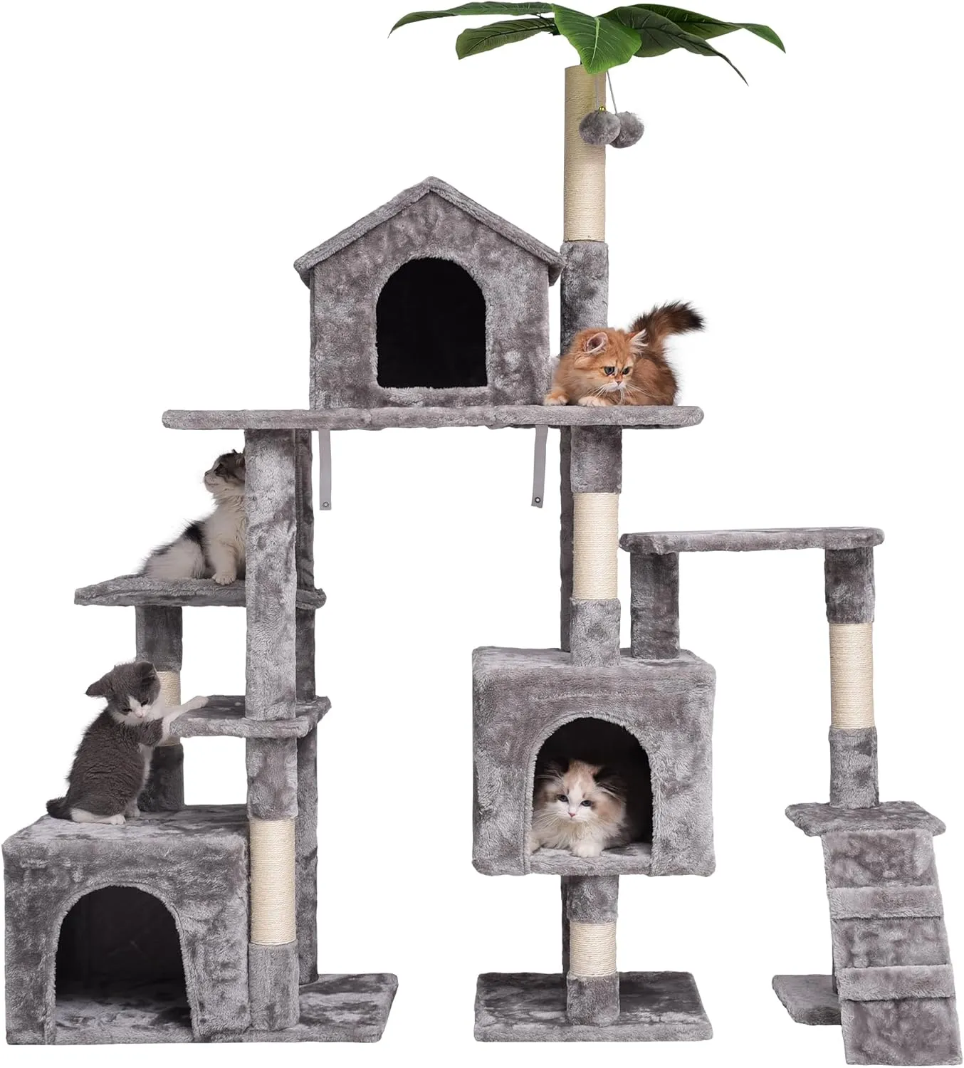 Multi-Level Cat Tree, Activity Centre Cat Tower Furniture with Sisal-Covered Scratching Posts, Dual Padded Plush Perches, Dual Condo & Basket, Removable Hammock, for Kittens (Grayish)