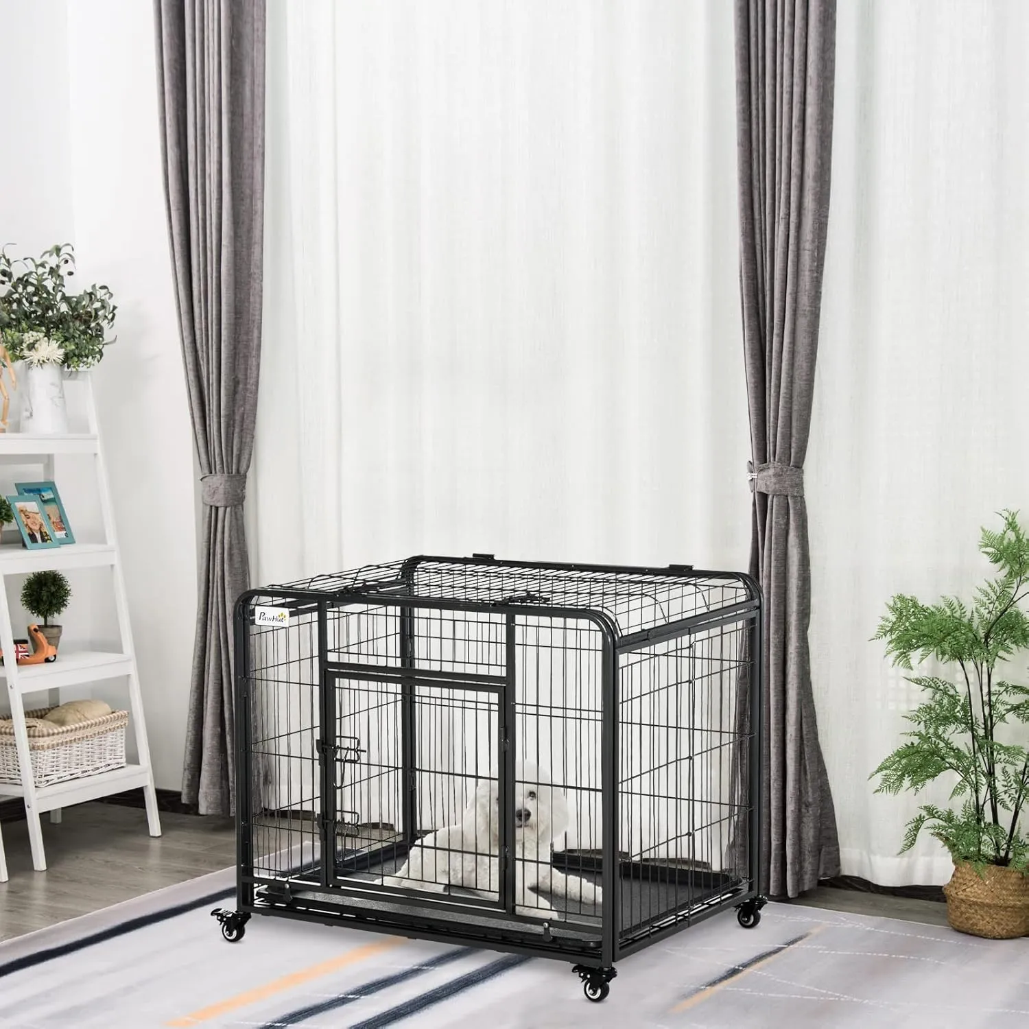 PawHut Folding Design Heavy Duty Metal Dog Cage Crate & Kennel with Removable Tray and Cover, & 4 Locking Wheels, Indoor/Outdoor 37"
