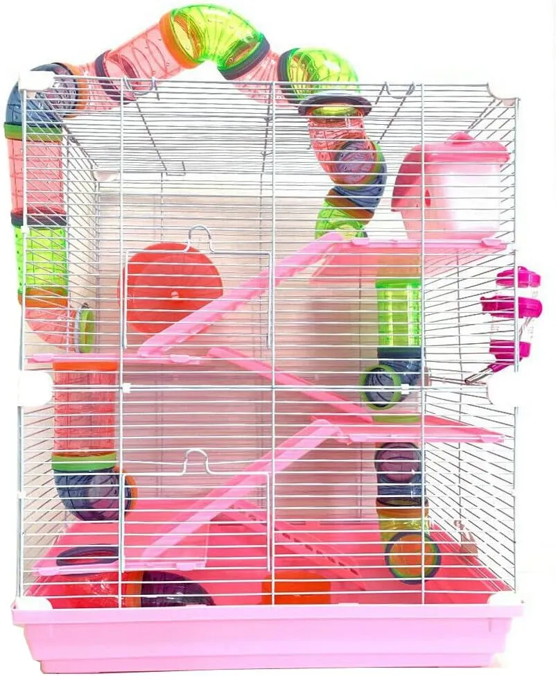 Pink Large 5-Levels Hamster Gerbil Mice Mansion Habitat Home with Corssover Tubes Tunnels Hide House Running Wheel