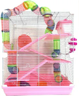 Pink Large 5-Levels Hamster Gerbil Mice Mansion Habitat Home with Corssover Tubes Tunnels Hide House Running Wheel