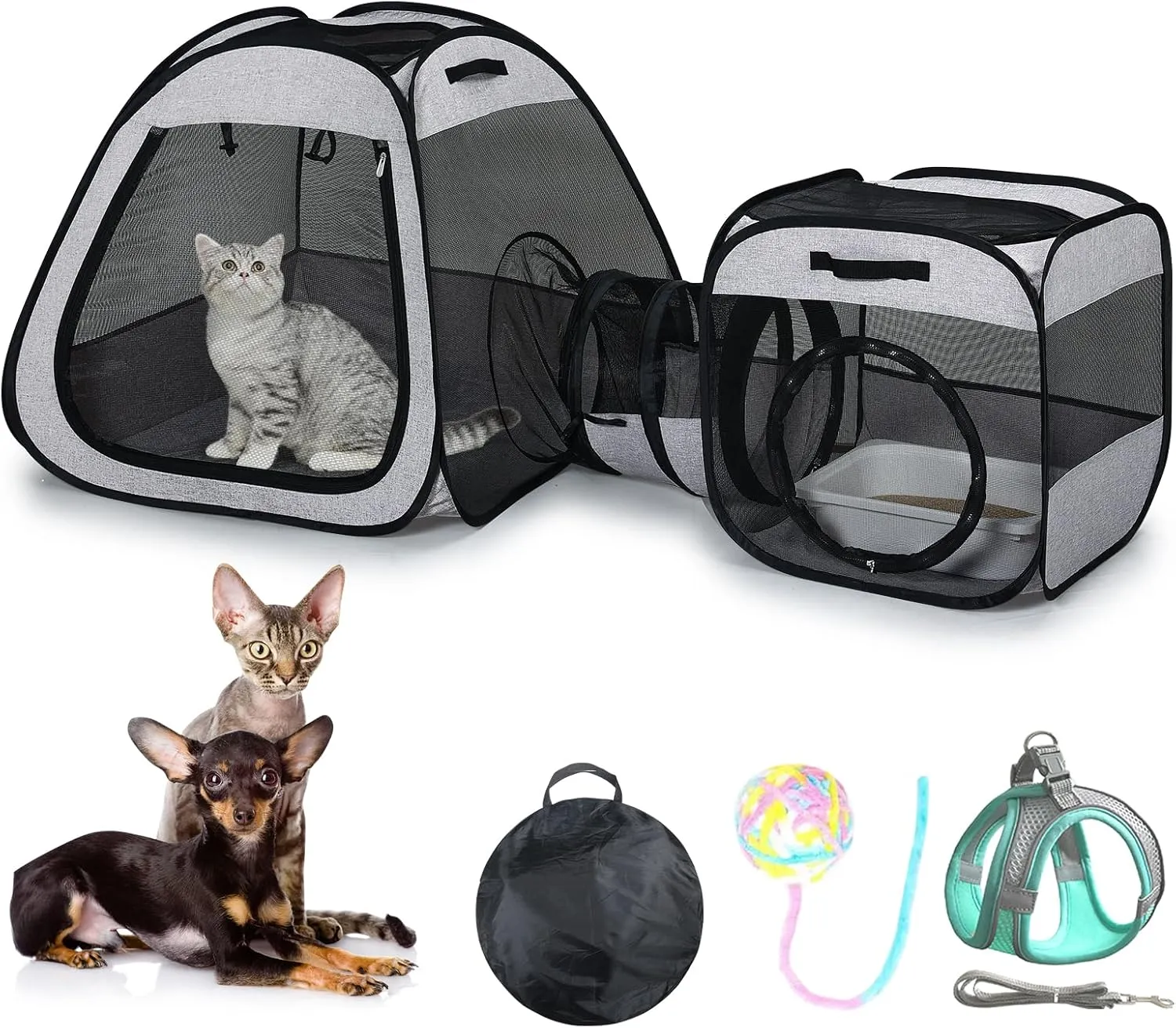 Portable Cat Dog Playpen: Dog Crate, Carrier, Dog Playpen, Cat Enclosure, Puppy Carrier, Pet Playpen, Small Outdoor Pet Enclosure, Travelling and Camping Cat Dog Tent and Tunnel, 3 Separable Parts