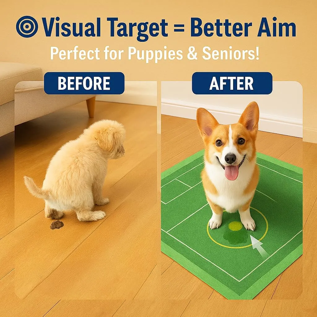 Puppy Training Pee Pads for Indoor Use  Grass Green Design with Target Zone, Quick Dry, Leak-Proof (Bullseye Induction-Four-Corner Stickers,S: 13 * 18 in,1)