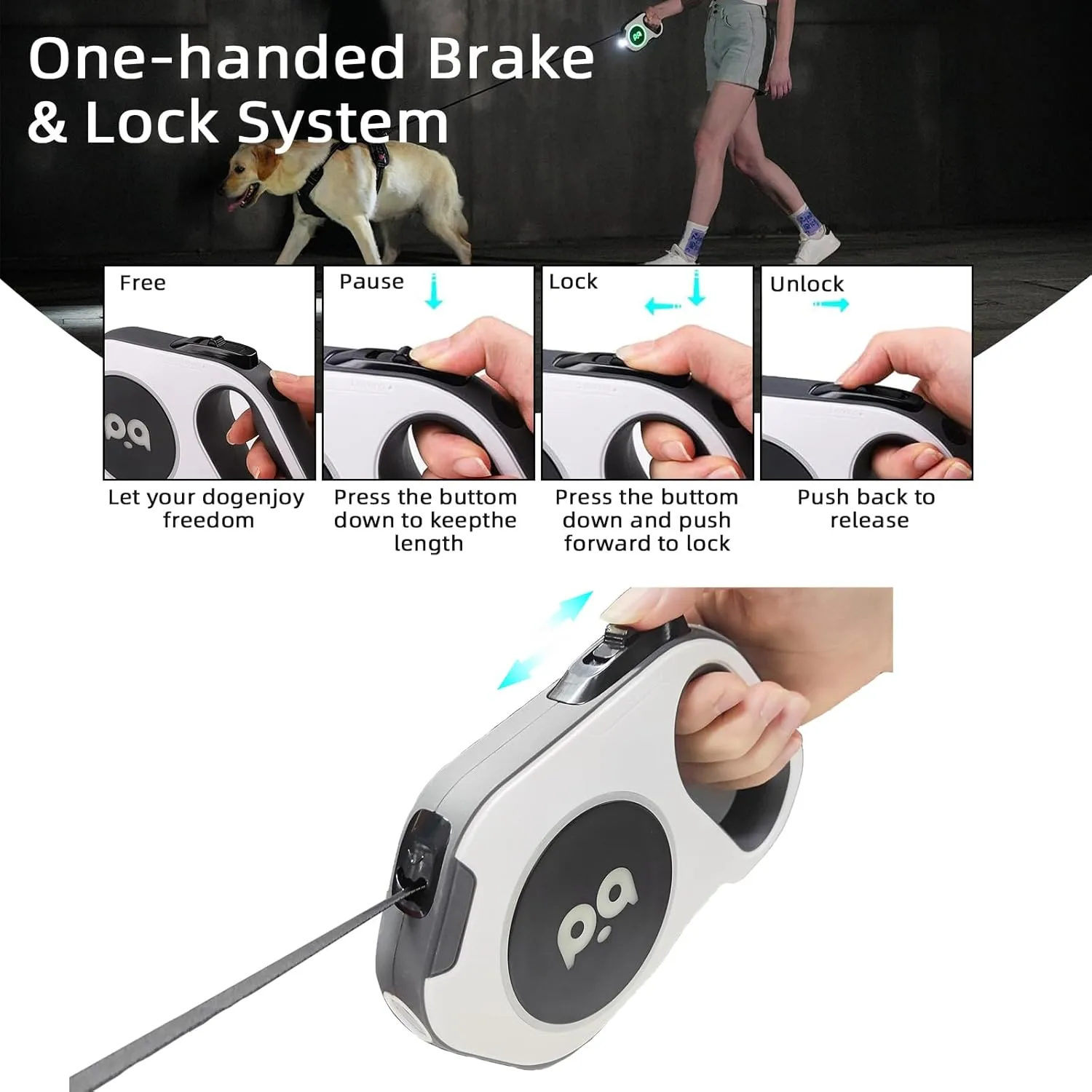 Retractable Dog Leash Upgraded Rechargeable with LED Light, One-Hand Brake and Unlock Tangle Free Pet Leashes 16ft/5m Nylon Tape for up to 88lbs Small Medium Large Dogs