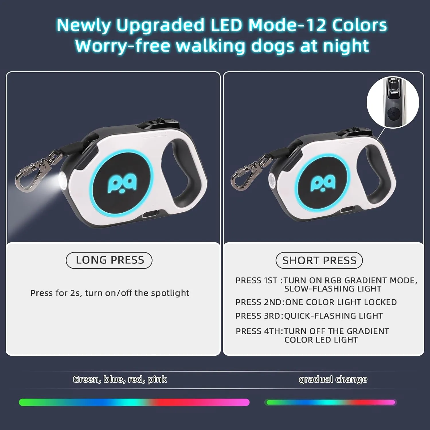 Retractable Dog Leash Upgraded Rechargeable with LED Light, One-Hand Brake and Unlock Tangle Free Pet Leashes 16ft/5m Nylon Tape for up to 88lbs Small Medium Large Dogs