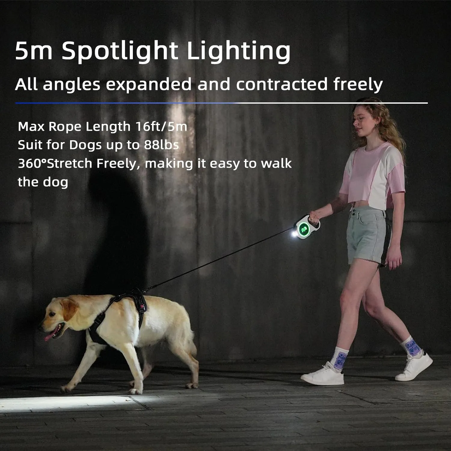 Retractable Dog Leash Upgraded Rechargeable with LED Light, One-Hand Brake and Unlock Tangle Free Pet Leashes 16ft/5m Nylon Tape for up to 88lbs Small Medium Large Dogs