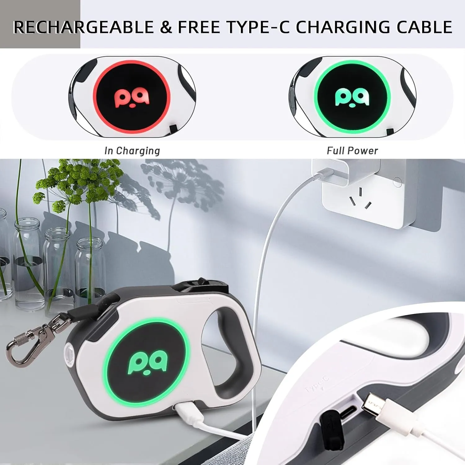 Retractable Dog Leash Upgraded Rechargeable with LED Light, One-Hand Brake and Unlock Tangle Free Pet Leashes 16ft/5m Nylon Tape for up to 88lbs Small Medium Large Dogs