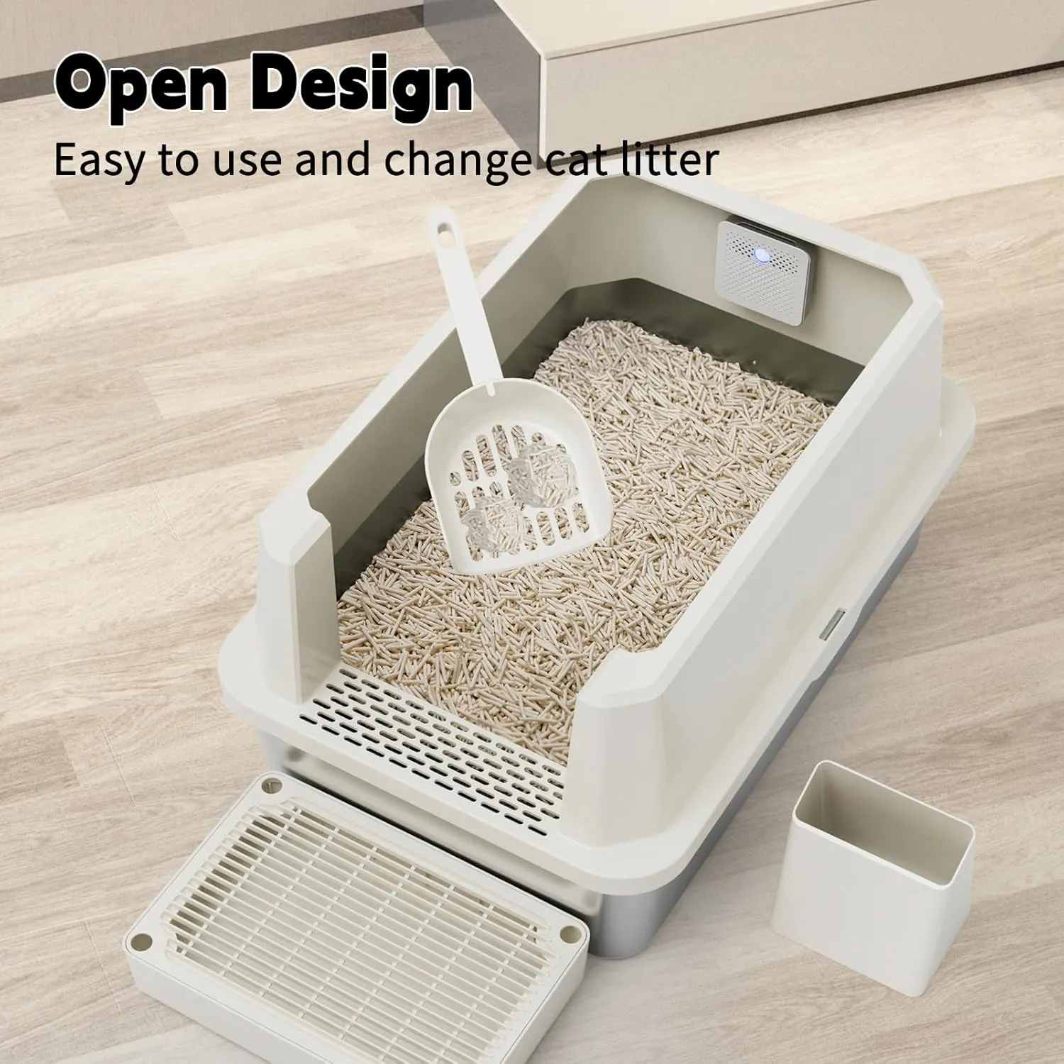 RIZZARI Stainless Steel Cat Litter Box, Semi-Closed Litter Box with High Edges, Large Odorless Litter Pan with for Small to Large Cats (Beige with Deodorizer, 2 Pack)