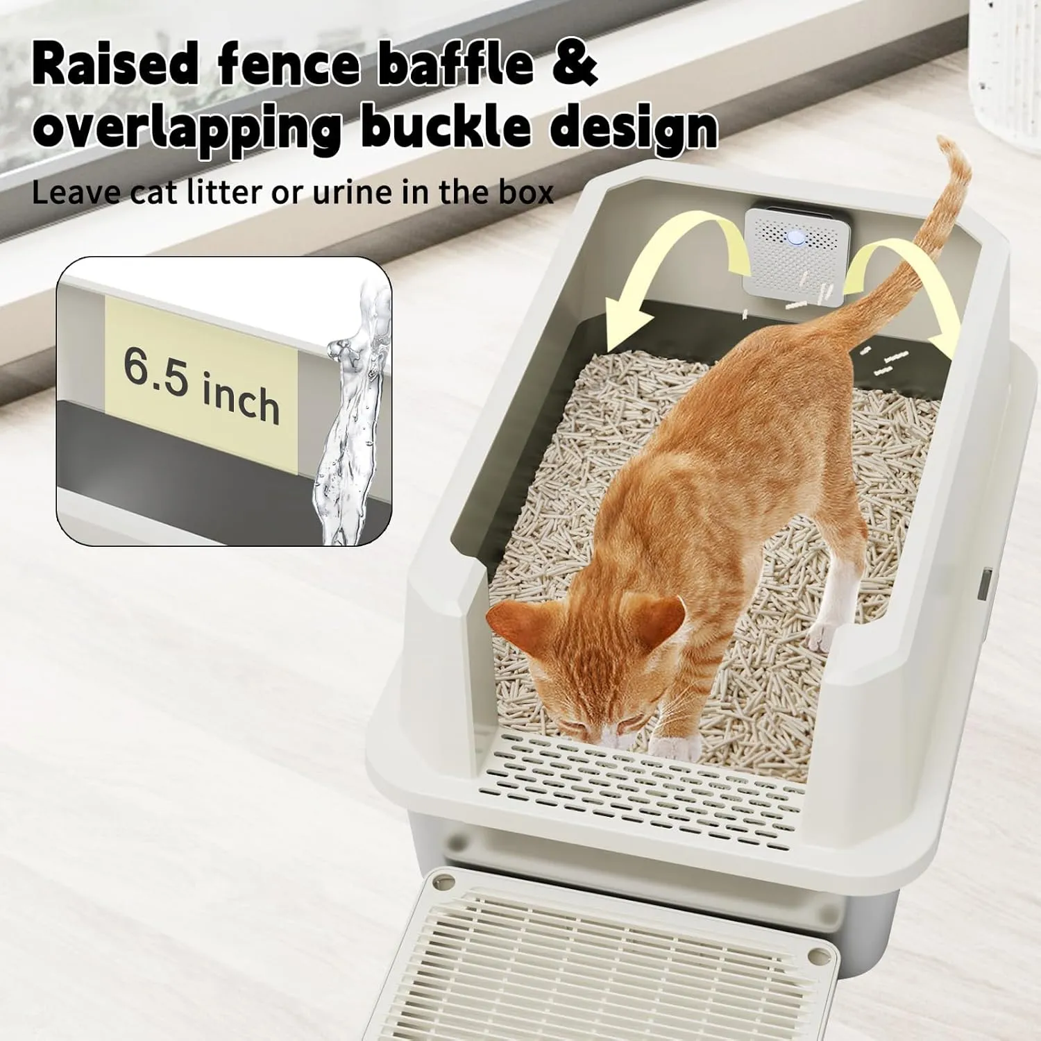RIZZARI Stainless Steel Cat Litter Box, Semi-Closed Litter Box with High Edges, Large Odorless Litter Pan with for Small to Large Cats (Beige with Deodorizer, 2 Pack)