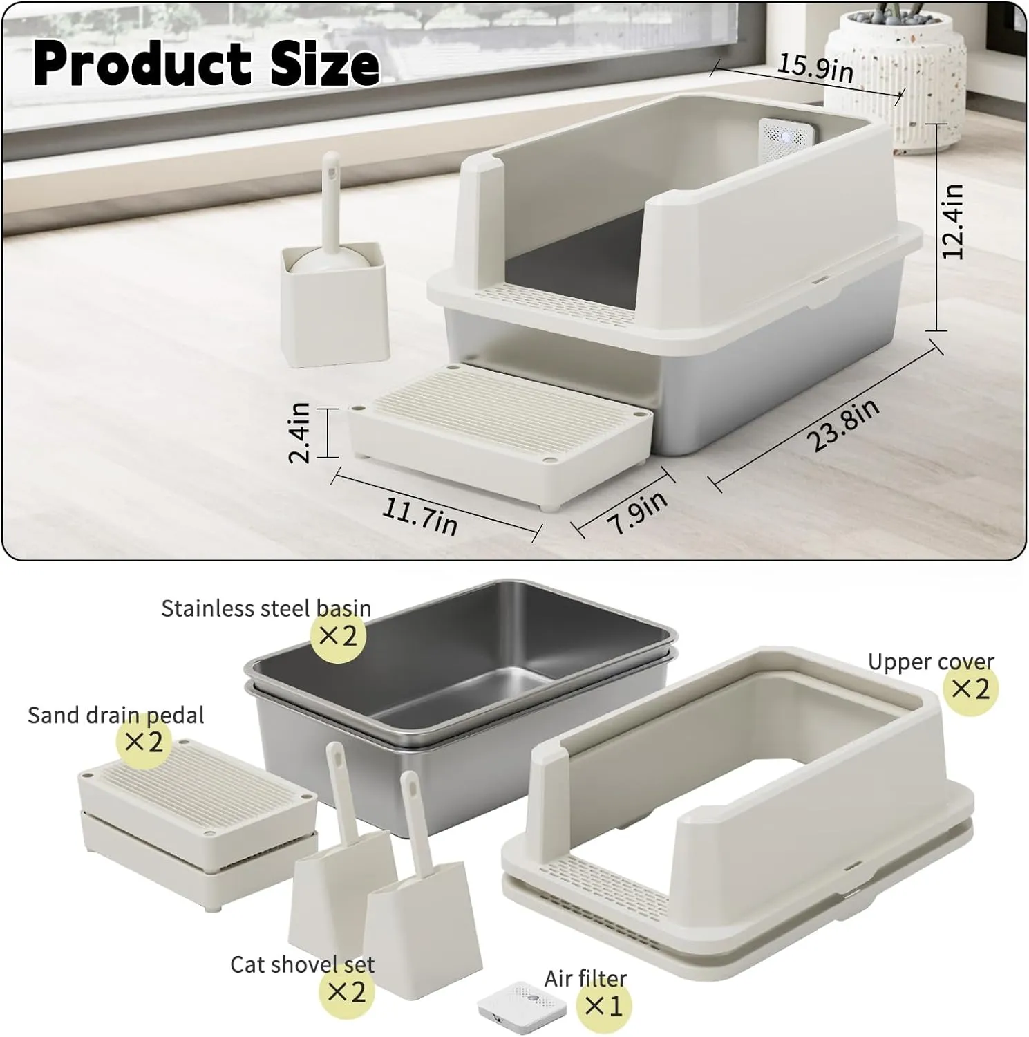 RIZZARI Stainless Steel Cat Litter Box, Semi-Closed Litter Box with High Edges, Large Odorless Litter Pan with for Small to Large Cats (Beige with Deodorizer, 2 Pack)