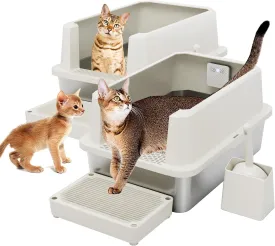 RIZZARI Stainless Steel Cat Litter Box, Semi-Closed Litter Box with High Edges, Large Odorless Litter Pan with for Small to Large Cats (Beige with Deodorizer, 2 Pack)