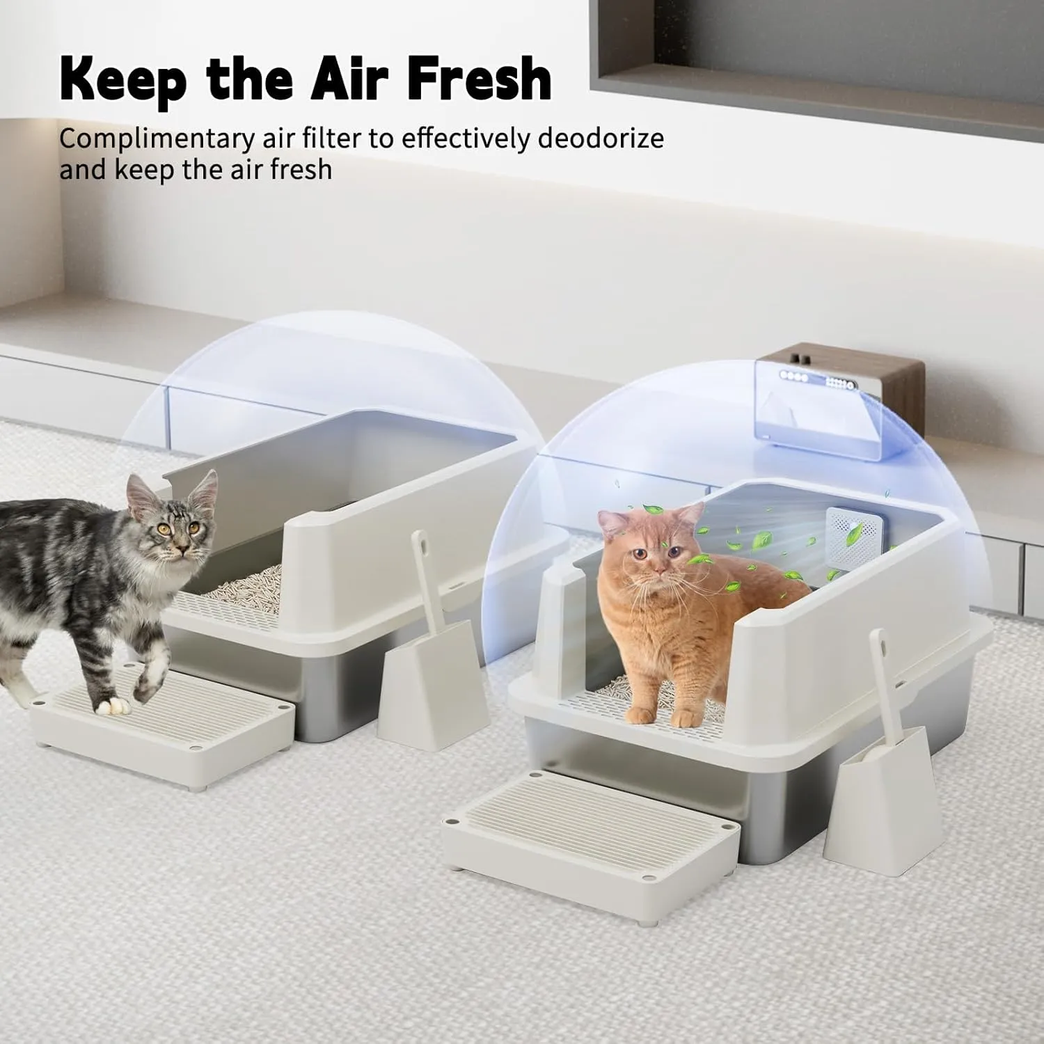 RIZZARI Stainless Steel Cat Litter Box, Semi-Closed Litter Box with High Edges, Large Odorless Litter Pan with for Small to Large Cats (Beige with Deodorizer, 2 Pack)