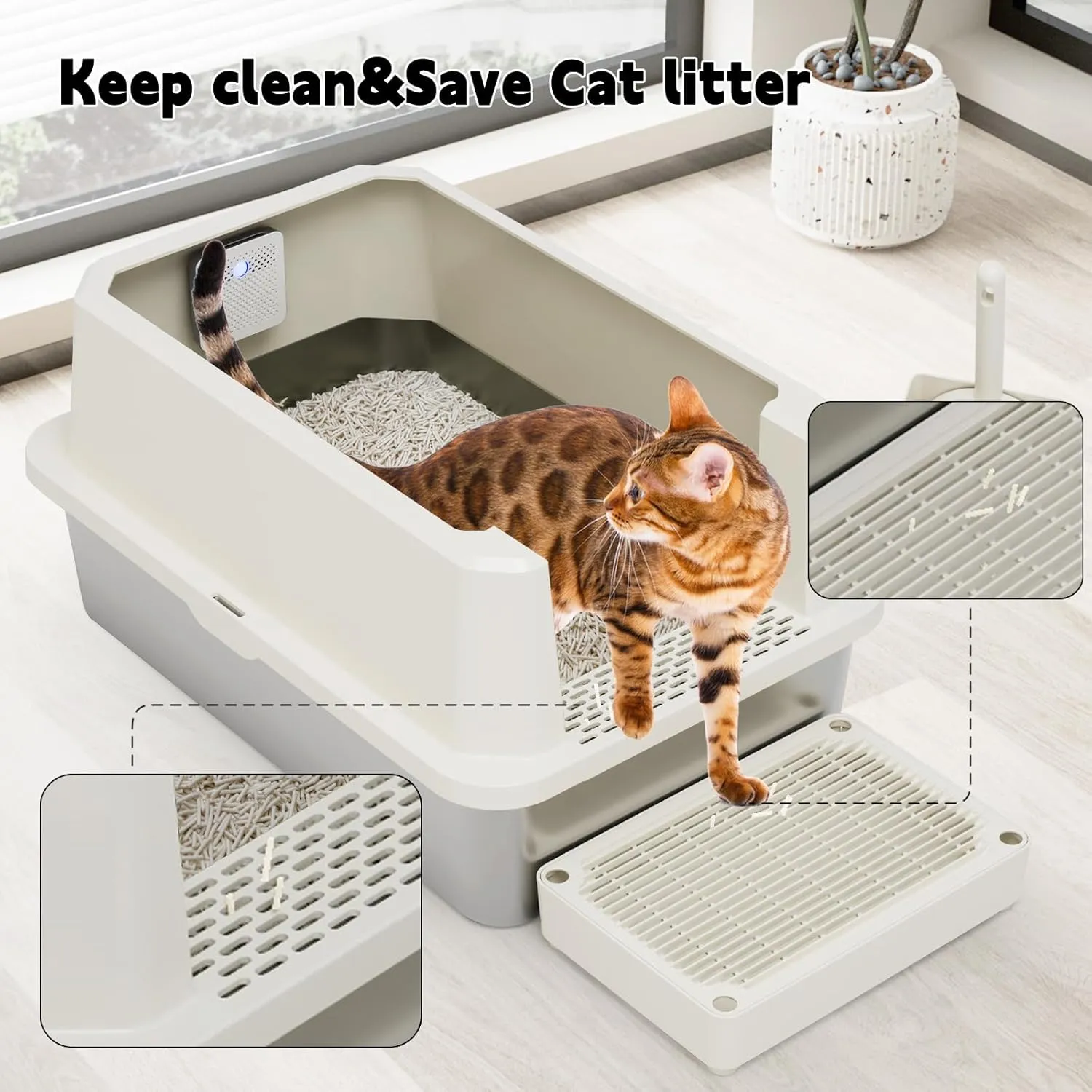 RIZZARI Stainless Steel Cat Litter Box, Semi-Closed Litter Box with High Edges, Large Odorless Litter Pan with for Small to Large Cats (Beige with Deodorizer, 2 Pack)