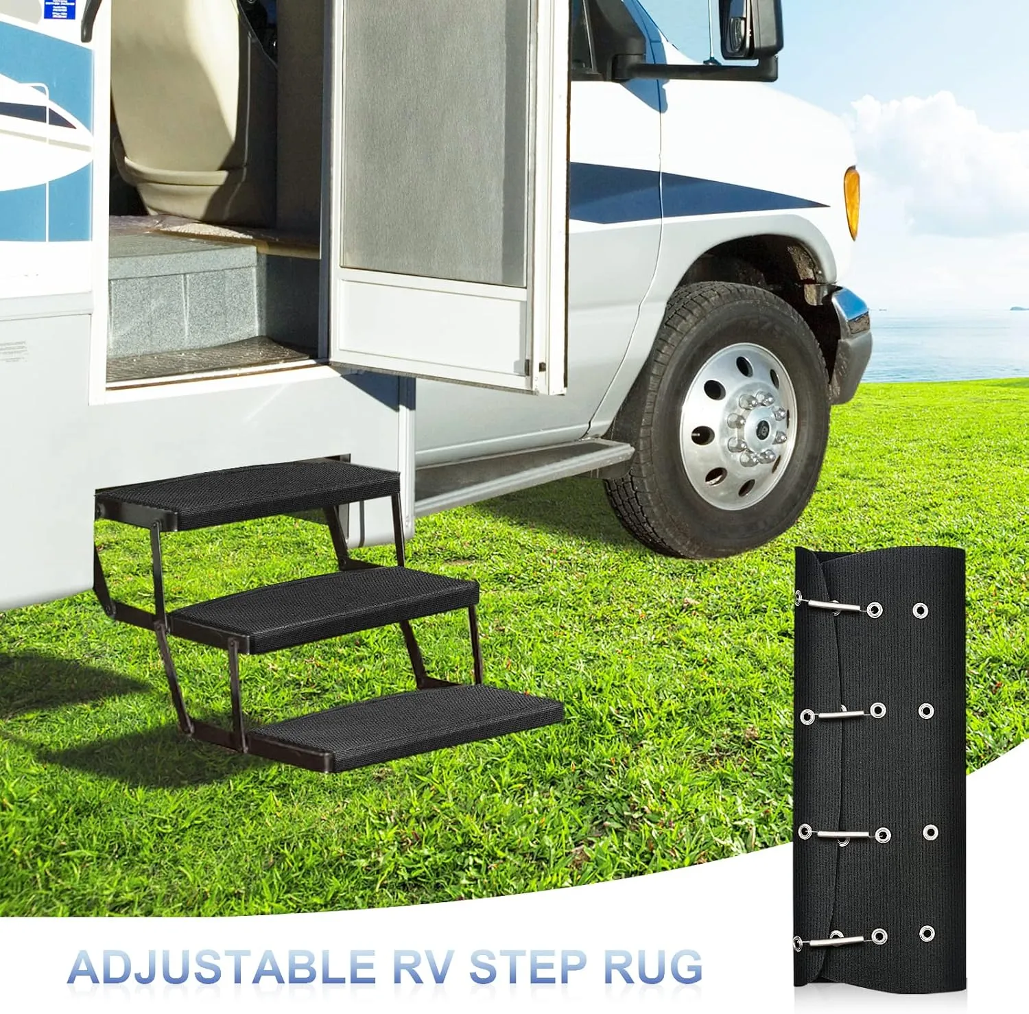 RV Step Covers 3 Pack 23 Inch Wide RV Step Rug with Install Hooks Fit 8-11" Deep Camper Step Cover RV Stair Covers Ideal for Wide Radius Steps - Black