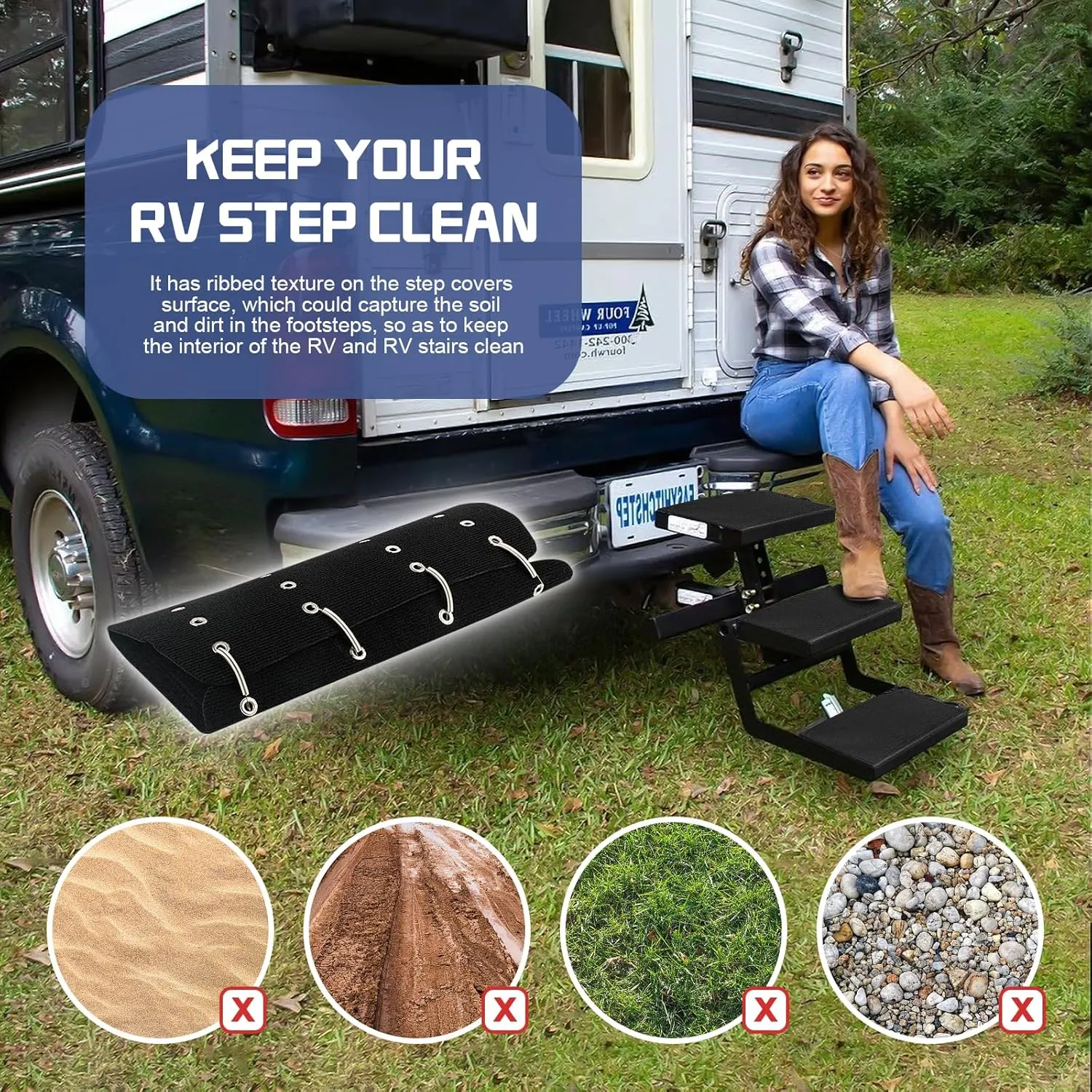 RV Step Covers 3 Pack 23 Inch Wide RV Step Rug with Install Hooks Fit 8-11" Deep Camper Step Cover RV Stair Covers Ideal for Wide Radius Steps - Black