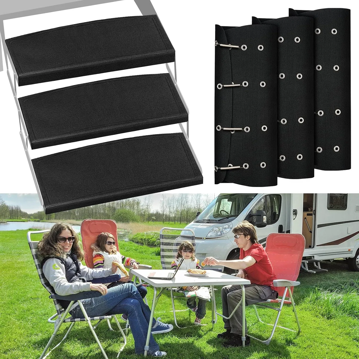 RV Step Covers 3 Pack 23 Inch Wide RV Step Rug with Install Hooks Fit 8-11" Deep Camper Step Cover RV Stair Covers Ideal for Wide Radius Steps - Black